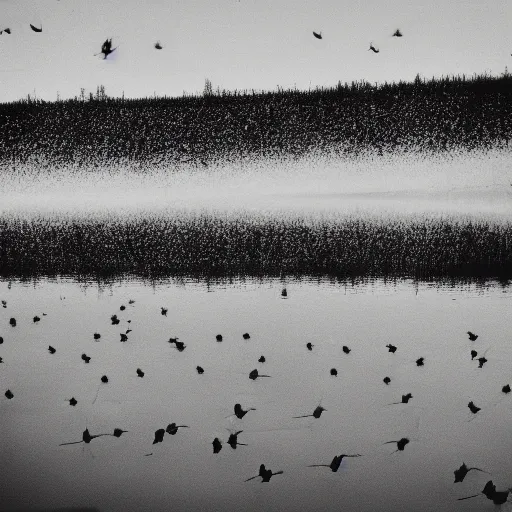 Prompt: Pentax K-1000, ducks in sky, analogue photo quality, blur, unfocus, monochrome, 35mm