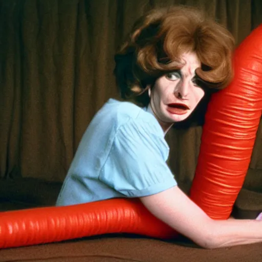 Image similar to A depressed woman and an inflatable intestine, John Waters film still, color 1970