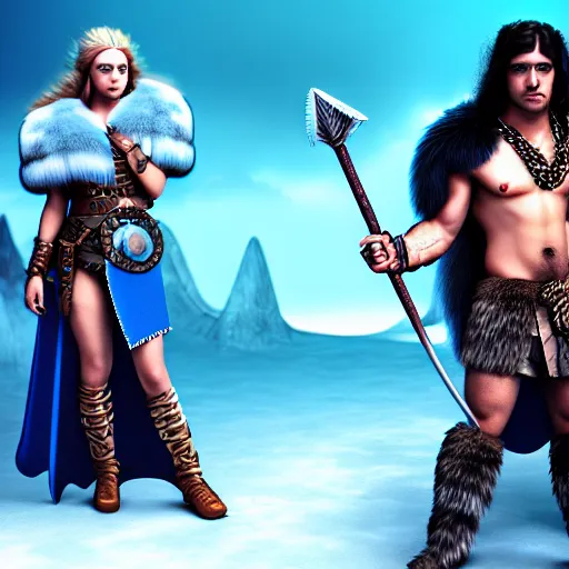 Image similar to a male DND barbarian wearing fur coat holding a small blue-skinned Triton girl with black hair, high resolution film still, 4k, HDR colors