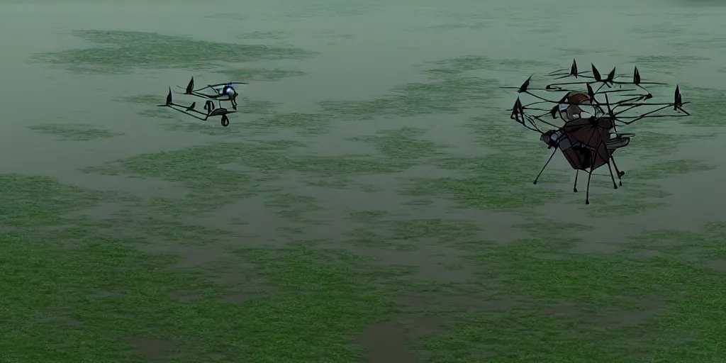 Image similar to a cell - shaded cartoon movie still from howl's moving castle ( 2 0 0 4 ) of a beautiful young woman flying a gyrocopter in a flooded rainforest valley. stonehenge is seen in the background with shafts of sunlight from above. wide shot, very dull muted colors, hd, 4 k, hq