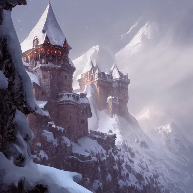 Image similar to a painting of a castle in the middle of a snowy mountain, a detailed matte painting by andreas rocha and greg rutkowski, featured on artstation, fantasy art, matte drawing, matte painting, artstation hq