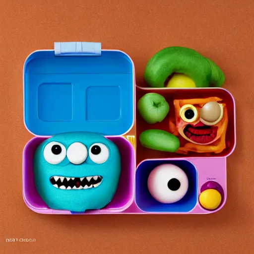 Image similar to cute monster in a lunch box by pixar, product photography, centered, studio lightning