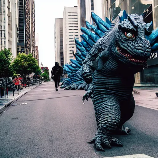 Prompt: a photo of person in godzilla costume walking on busy street