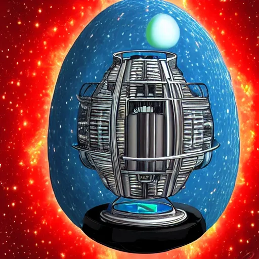 Prompt: a mechanical egg being powered by cosmic fuel, digital art