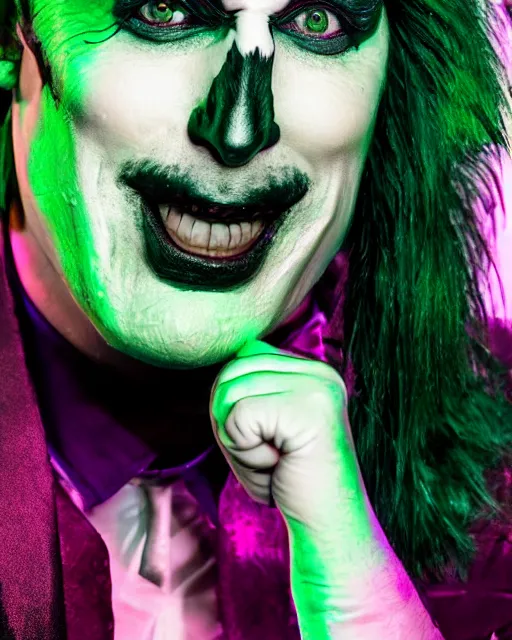 Prompt: Will Arnett as Beetlejuice, makeup, dark green hair, cinematic lighting, 4k photograph