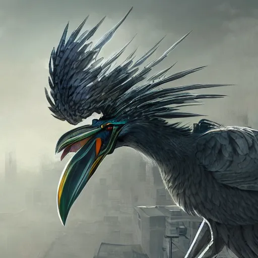 Image similar to gigantic evil shoebill rampaging through tokyo. concept art, ambient light, 4 k, intricate details, highly professionally detailed, cgsociety, highly detailed