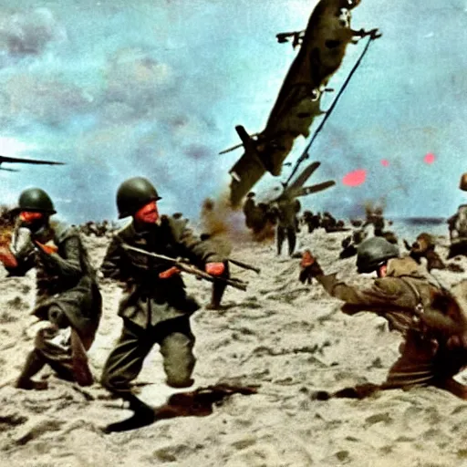 Prompt: ww 2 realistic photo in color beach landing, battle on the beach, blood everywhere, explosions