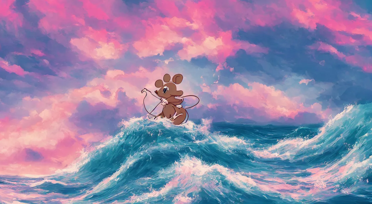 Image similar to little anthropomorphic mouse sailing, anime landscape wallpaper, rough waves, ocean cliff side, pink multicolor clouds