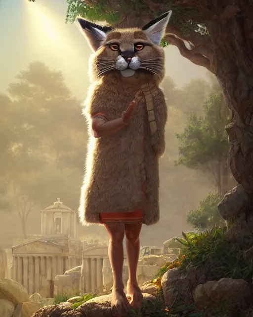 Image similar to fullbody photo of humanoid cute sad fluffy caracal dressed in toga, sun behind him, ancient greek city, sunny day, by ilya kuvshinov, rtx rendering, octane render 1 2 8 k, maya, extreme high intricate details by tom bagshaw, medium shot, composition by sana takeda, lighting by greg rutkowski