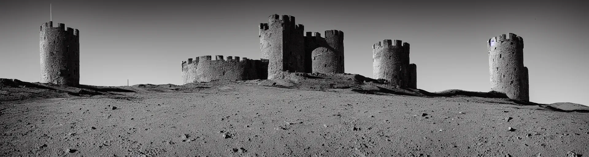 Prompt: landscape photography of the lunar surface with a spooky medieval castle tower on the far left