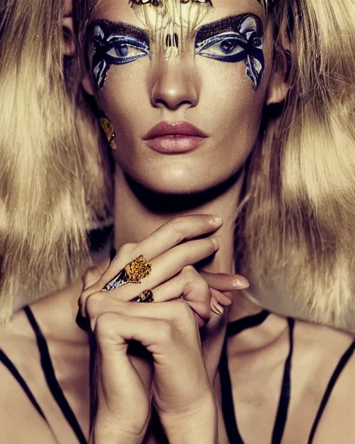 Image similar to A beautiful portrait of Martha Hunt as a Pucci fashion model Spring/Summer 2012, highly detailed, in the style of cinematic, Getty images, Milan fashion week backstage, Makeup by Pat McGrath, Hair by guido palau, Greg rutkowski