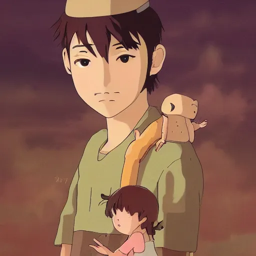 Prompt: friendly guy and small creature , with Fragile looking character portrait face made in Studio Ghibli artstyle ,highly detailed art, beautiful scene, sharp focus, smooth, 8k, anime art, ghibli style