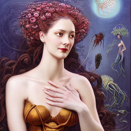 Image similar to portrait of a young attractive nerdy woman in flowing sensual dress, arrogant, long fine flowing hair, delicate, looking at camera, slightly awkward smile, realistic face, hands behind back, stylish, elegant, grimdark fantasy, flowers, extremely detailed painting inspired by Gerald Brom and Ernst Haeckel and Kaluta, studio lighting