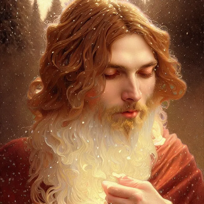 Image similar to psychedelic snowfall Jesus Christ, diffuse lighting, fantasy, intricate, elegant, highly detailed, lifelike, photorealistic, digital painting, artstation, illustration, concept art, smooth, sharp focus, art by John Collier and Albert Aublet and Krenz Cushart and Artem Demura and Alphonse Mucha