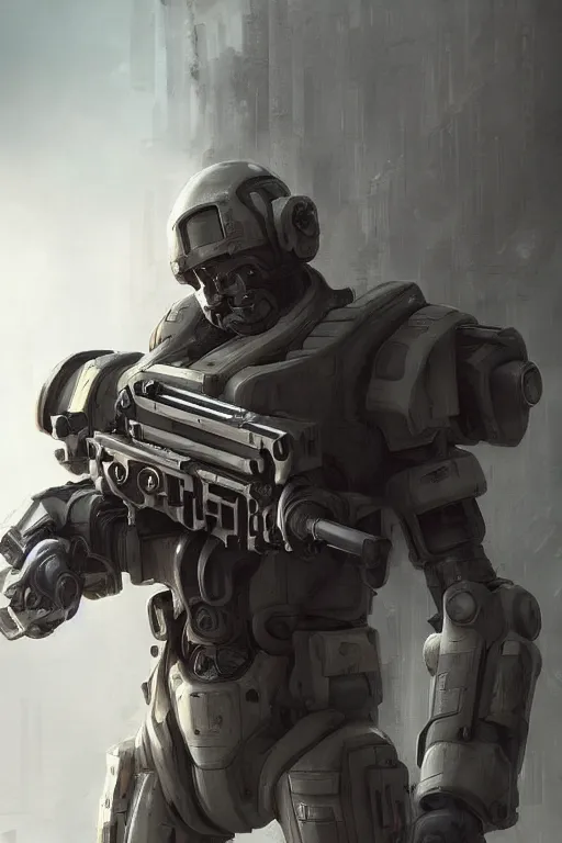 Image similar to a mech soldier holstering his rifle, full body shot, Artstation, Artstation Trending, Pinterest, Deviant Art, cinematic, concept art, 8k, cgsociety, hyper detailed, ultra realistic, illustration, epic, high resolution, post processing, high quality, unreal engine, digital art, very coherent, octane render, art by Yi Yang artstation + StTheo + Alan Van Ryzin,-W 512