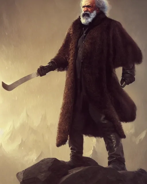 Prompt: oil painting of Angry Karl Marx, wearing fur cloak, sharp focus, holding Sabre, heroic pose, fantasy style, octane render, volumetric lighting, 8k high definition, by greg rutkowski, highly detailed, trending on art Station, magic the gathering artwork, Battlefield backround, centered