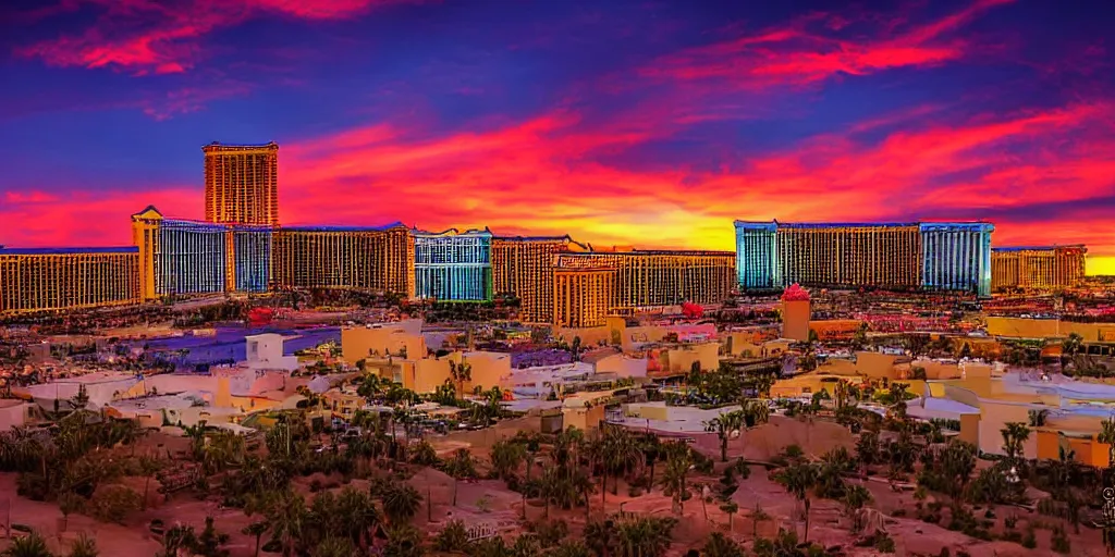 Prompt: sunset on las vegas, tetrachromacy, professional photo, landscape, dark, stunning sky, low horizon, award winning, colorful sky