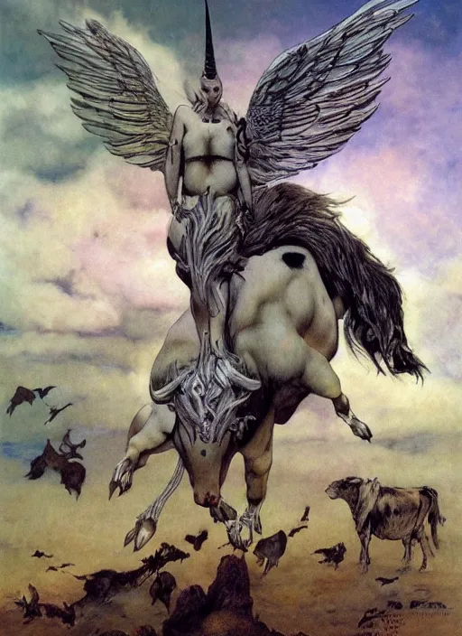Prompt: winged fat cow unicorn by gerald brom, by mikhail vrubel, by peter elson, muted colors, extreme detail, trending on artstation, symmetry! hd