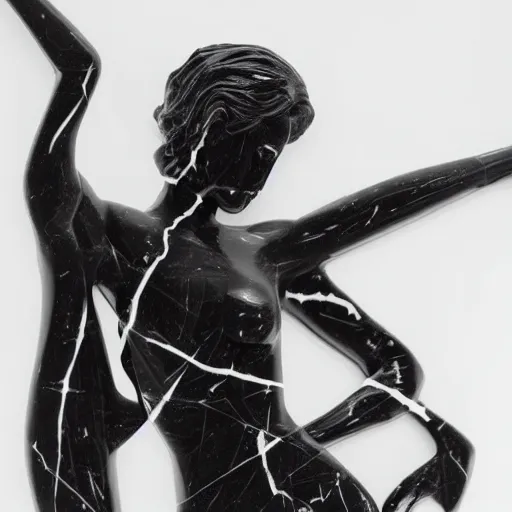 Prompt: a pretty magical mysterious woman made of black marble with white vein marble, dynamic pose