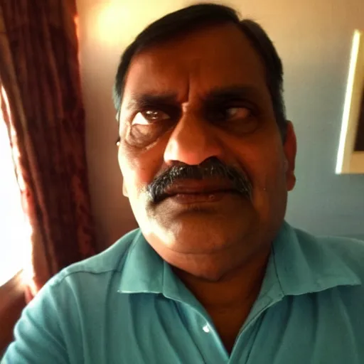 Prompt: my indian dad accidentally taking a selfie with the flash enabled, squinting because the flash is so bright in his face