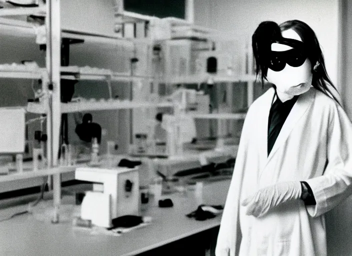 Prompt: realistic photo of the person wearing a detailed wooden bird mask white robe in a laboratory 1 9 9 0, life magazine reportage photo