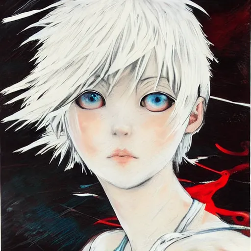 Image similar to Renaissance oil portrait of a manga girl with short white hair and black eyes in the style of Yoshitaka Amano, abstract black and white background, noisy picture, expressive brush strokes, old anime colour palette