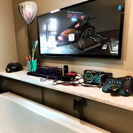 Prompt: a gamer setup in a bathroom