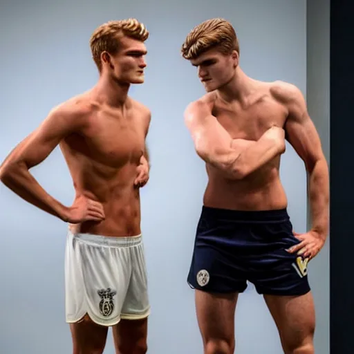 Image similar to a realistic detailed photo of a guy who is an attractive humanoid who is half robot and half humanoid, who is a male android, soccer players martin ødegaard & timo werner, shiny skin, posing like a statue, blank stare, in a factory, on display, showing off his muscles, gold soccer shorts, side view, looking at each other mindlessly