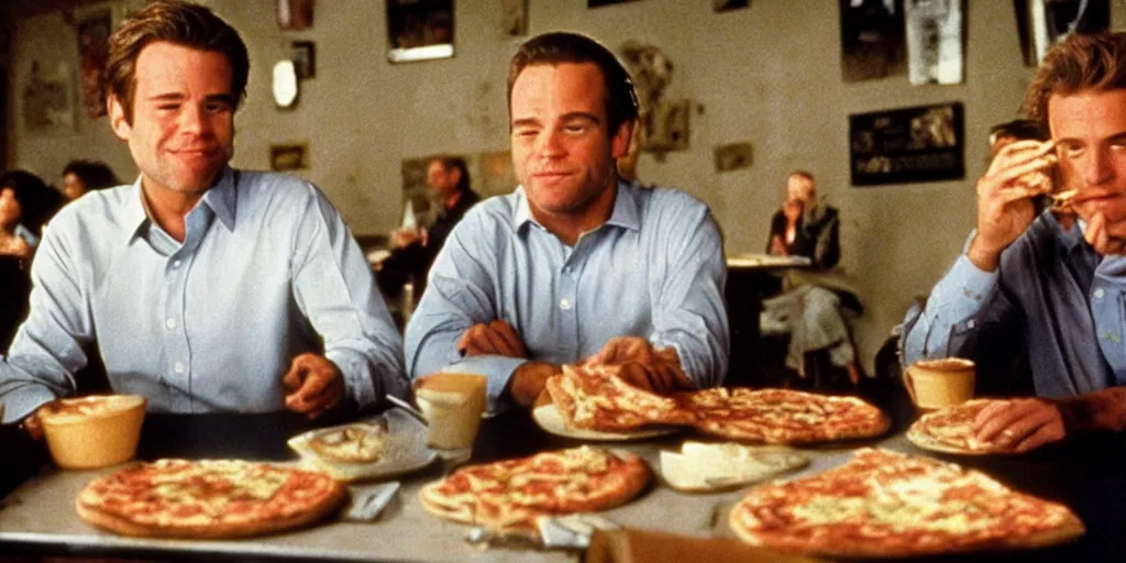 Image similar to color film of joe biden eating pizza in an italian restaurant 1 9 9 4 im the film of good will hunting, grinning, close up, high quality ultra realistic detailed