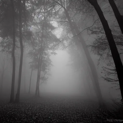 Image similar to A giant long-legged spider lurking in a foggy forest, cinematic, black and white, 16mm, horror