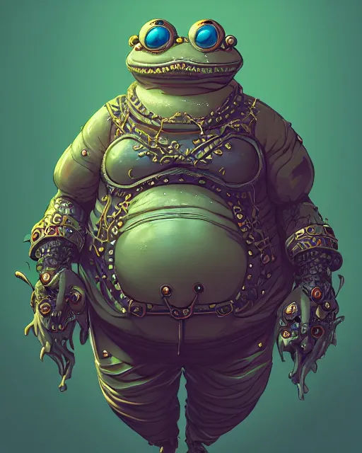 Image similar to a fat slimy anthropomorphic toad king wearing ornate cyberpunk armor, bust shot, smooth, intricate, elegant, power aura, digital painting, artstation, concept art, high tech fantasy, sharp focus, illustration, art by james jean