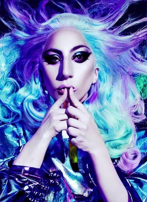 Image similar to lady gaga with long white hair holding a peace sign, an album cover by Hedi Xandt, featured on deviantart, holography, smokey background, matte background, seapunk High resolution. Highly detailed. Dramatic. 8k.4k.