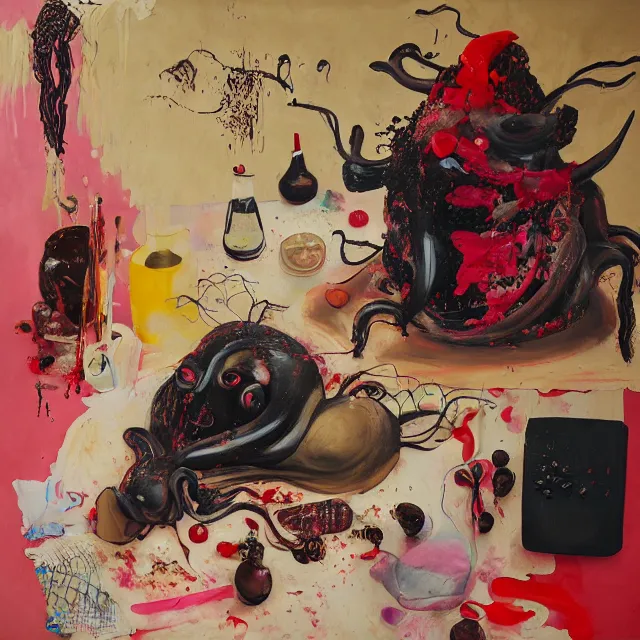 Image similar to sensual, a portrait in a female art student's bedroom, black walls, a woman sitting on a bed made of pancakes, honey dripping, berries dripping, chocolate, surgical supplies, ikebana, octopus, neo - expressionism, surrealism, acrylic and spray paint and oilstick on canvas