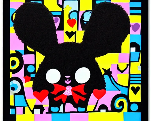 Prompt: a very cute black bunny, black fur with white puffs, fine art by romero britto