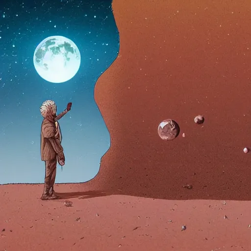 Prompt: a lonely man in desert finding a beautiful crystal, a big moon in background, Industrial Scifi, detailed illustration, character portrait, by Martin Grip and Moebius