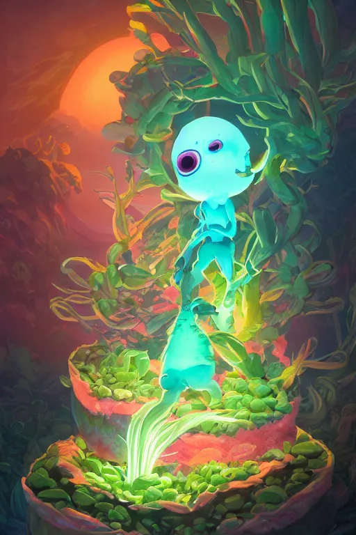 Image similar to roots cactus sushi cristal smurf ghost creature animal sushi cristal very big eye roots cactus elemental flush of force nature micro world fluo fishscale, behance hd by jesper ejsing, by rhads, makoto shinkai and lois van baarle, ilya kuvshinov, rossdraws radiating a glowing aura global illumination ray tracing hdr