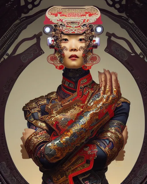 Prompt: portrait of a chinese cyberpunk machine, machine face, arms, upper half portrait, decorated with chinese opera motifs, regal, asian, fine china, wuxia, traditional chinese art intricate intense elegant 京 剧 highly detailed digital painting artstation concept art smooth sharp focus illustration, art by artgerm and greg rutkowski alphonse mucha 8 k