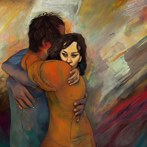 Prompt: of a man and woman holding each other hugging intimately in the style of disco elysium, expressionism, artstation, trending, by aleksander rostov, jenny saville, rembrandt, alex kanevsky, wassily kandinsky, dave mckean, lucien freud