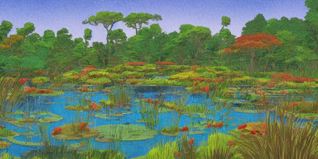 Image similar to pond landscape, by cosmo mulford, intricate, sharp focus, detailed, lively colors, studio ghibli color scheme