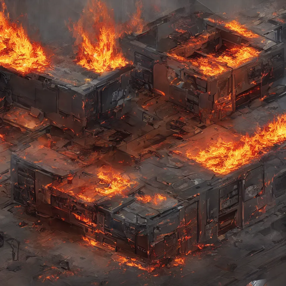 Prompt: dalle 2 computer burning on fire in dumpster digitial painting hyper detailed unreal artstation