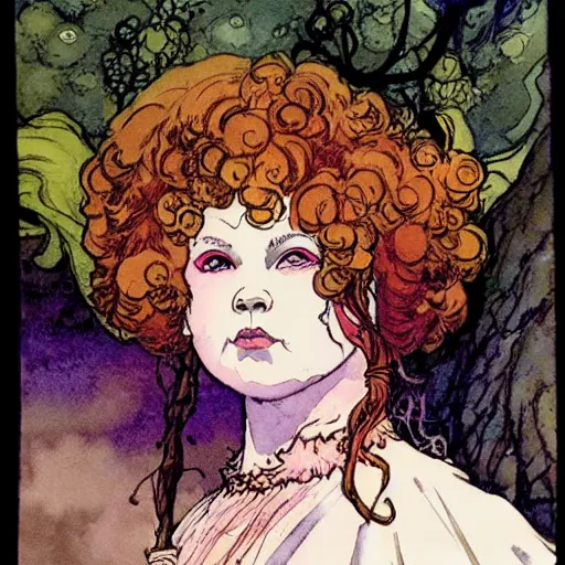 Image similar to a realistic and atmospheric watercolour fantasy character concept art portrait of shirley temple as a druidic warrior wizard looking at the camera with an intelligent gaze by rebecca guay, michael kaluta, charles vess and jean moebius giraud