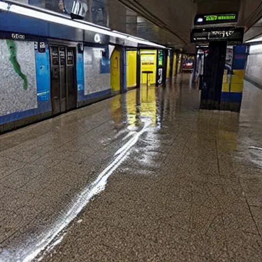 Image similar to photo of a subway station, the floor is flooded with one meter deep water. eerie