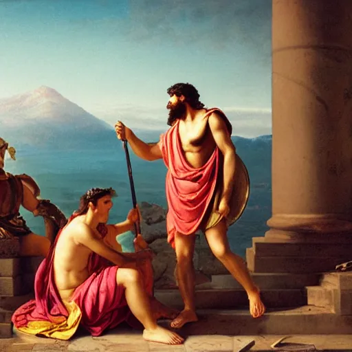 Prompt: athena talking with odysseus, laughing and nodding, photorealistic, prizewinning photo, ultradetailed, golden hour lighting