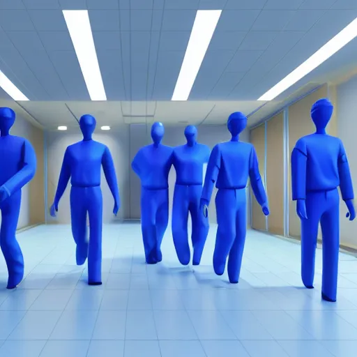 Prompt: generic people figures entering a hospital shaped like a plus sign, plastic materials, blue tones, 3 d, redshift, hydri, subsurface scattering, cgi, high quality render