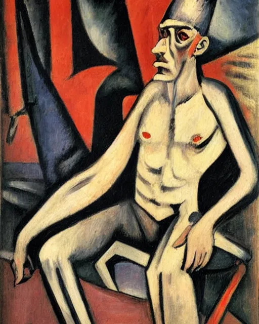 Image similar to Max Beckmann. Oil on canvas. Portrait of a demon.