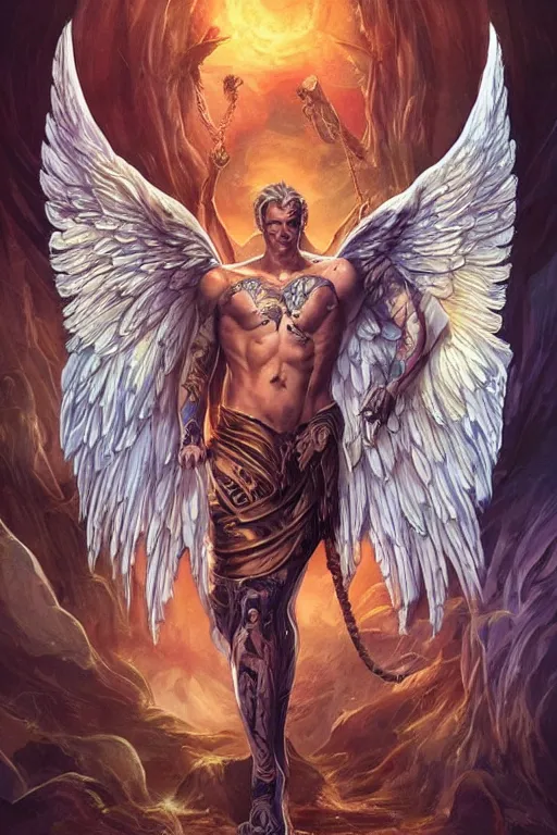 Prompt: handsome! Steve Buscemi as a muscular angel wings wide open whole body tattooed with runes and religious symbols, urban fantasy romance book cover, D&D!, fantasy style, sharp focus!, ultra detailed, art by Artgerm and Peter Andrew Jones, WLUP