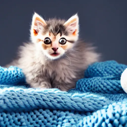 Prompt: a very happy and fluffy kitten wearing knitted clothes playing with a ball of yarn, award-winning photograph, depth of field, 8K UHD