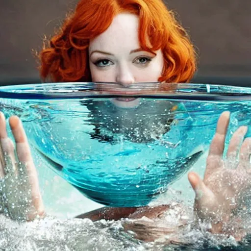 Prompt: Photo of Christina Hendricks swimming in a giant glass bowl