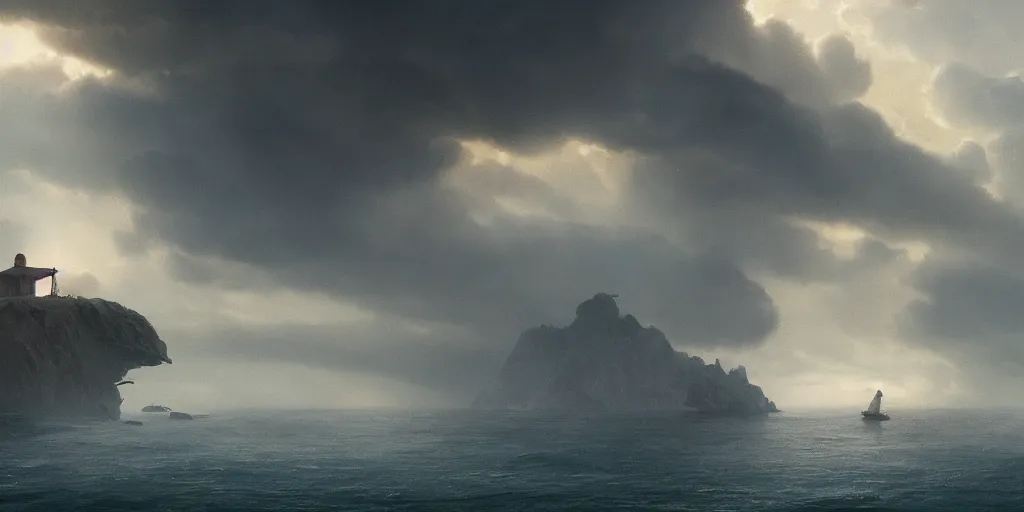 Prompt: an island, cinematic cinematography masterpiece, greg rutkowski, and ivan aivazovski, roger deakins