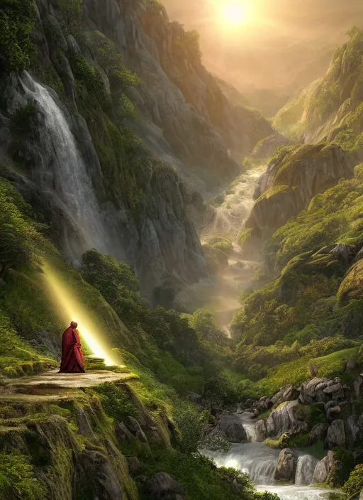 Image similar to an stral monk in lord of the rings scenery landscape, looking out at a vast lush valley at sunrise with a tibetan temple on a mountain in the distance, river, waterfall, god's rays, highly detailed, vivid color, cinematic lighting, perfect composition, 8 k, gustave dore, derek zabrocki, greg rutkowski, belsinski, octane render